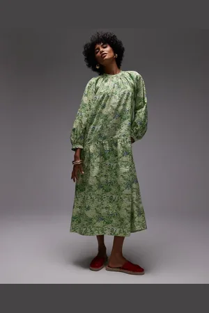 ARKET Pure cotton smock midaxi dress with drop waist in green leaf print