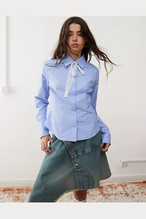 Reclaimed Cinched waist fitted shirt with lace tie detail in blue pinstripe