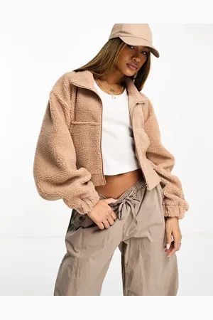 ASOS ASOS DESIGN Weekend Collective cropped borg zip through in camel with woven label