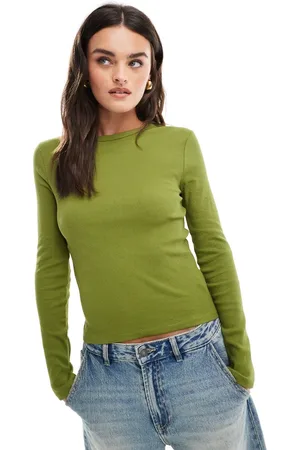 Stradivarius Ribbed round neck long sleeve top in green