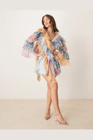 ASOS Long sleeve spliced mixed floral print frilly smock mini dress
