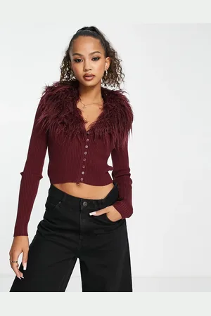Stradivarius Cardigan with faux fur trim collar in wine