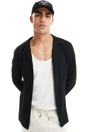 ASOS Muscle fit viscose shirt with deep revere collar in