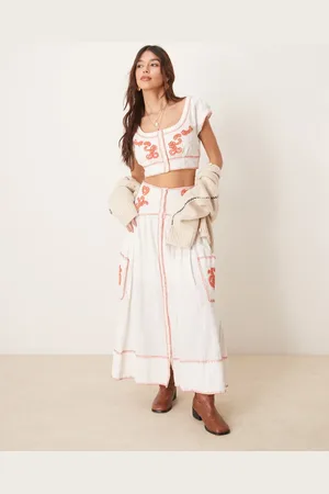 Free People Embroidered boho co-ord skirt and blouse set in ivory