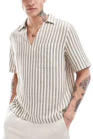 ASOS Boxy relaxed overhead shirt in neutral basket stripe