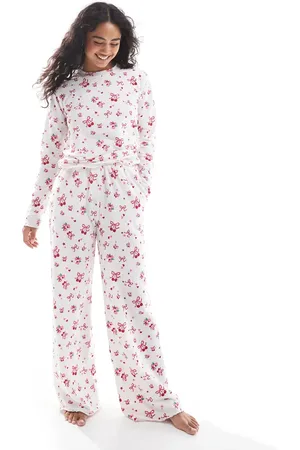 Threadbare Bow print long sleeve pyjama set in pink and