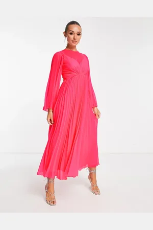 ASOS Tie back fluted sleeve pleated midi dress in fluro