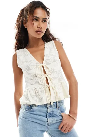 Miss Selfridge Lace sleeveless tie front top in light beige