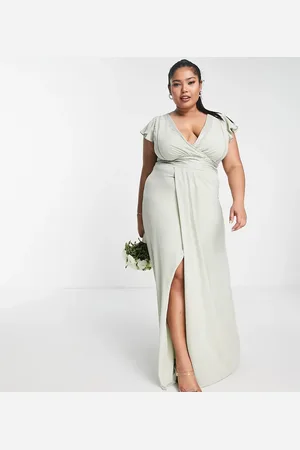 TFNC Bridesmaid flutter sleeve ruffle detail maxi dress in sage