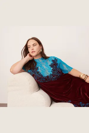 ASOS Curve velvet lace applique embroidered column midi dress in burgundy