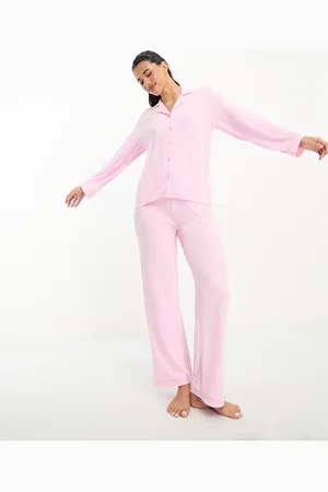 Loungeable Super soft jersey revere top and wide leg pyjama set with piping detail