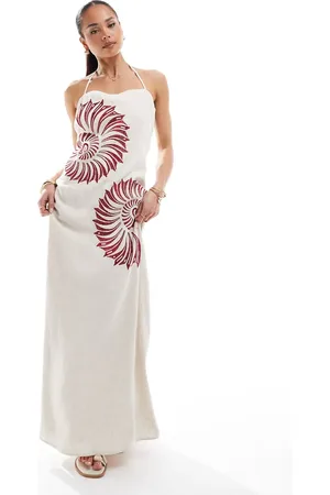 4th & Reckless Linen blend brown shell embroidered halterneck maxi dress in beige