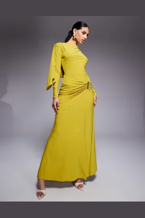 ASOS Long sleeve drape maxi dress with hitched skirt and trim in lime