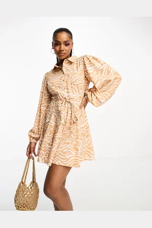 Influence Long sleeve tie waist mini dress in beige abstract print