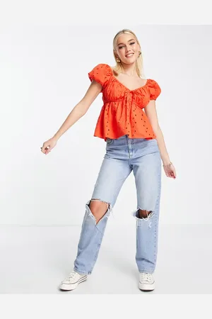ASOS Puff sleeve broderie smock top with channel neck detail in bright