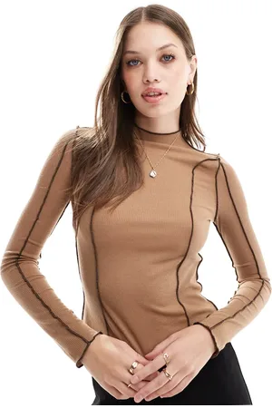 VERO MODA Long sleeve t-shirt with contrast stitching in brown