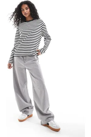 Pull&Bear Long sleeve oversized t-shirt with stripe detail in ecru & black