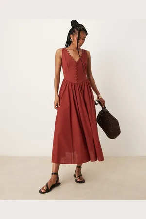 ASOS V neck button through maxi dress with dropped waist in burgundy