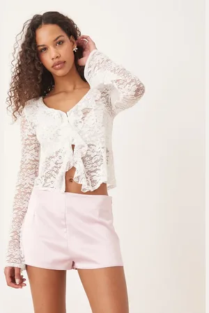 ASOS Ruffle lace sheer long sleeve top with hook and eye detail in