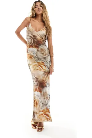 ASOS Mesh cami maxi dress with ruffle back detail in gold rose print