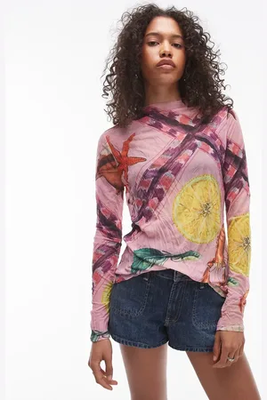 Topshop Crinkle shell print long sleeve top in