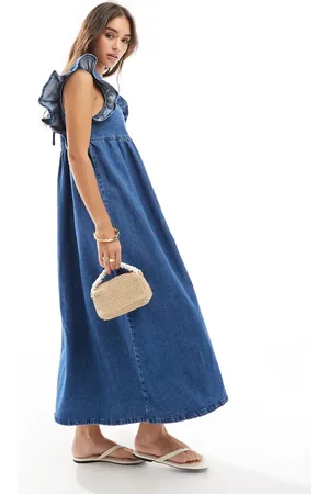 ASOS Soft denim smock maxi dress with bow back in midwash