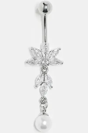 Kingsley Ryan Lotus flower and pearl belly bar in steel