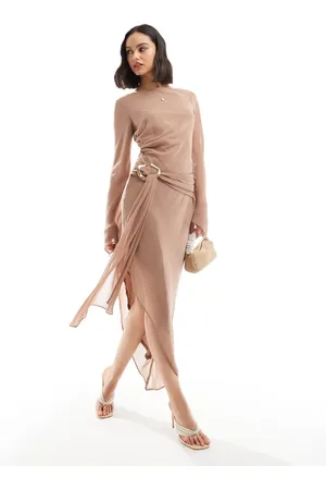 ASOS Slash neck chiffon asymmetric midi dress with liquid gold belt detail in mink