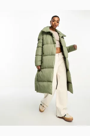 Brave Soul Maxi padded belted jacket in khaki