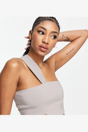 Vesper Vesper bengaline Tall one shoulder strap detail crop top co ord in taupe