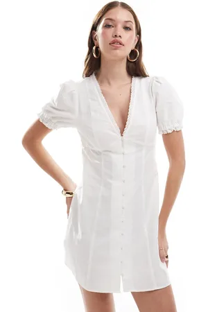 ASOS Plunge linen look mini dress with broderie trim in