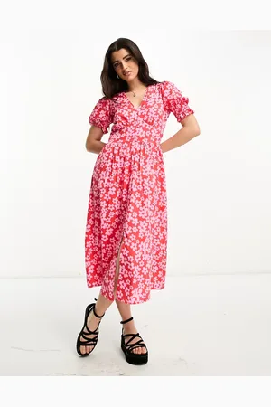 Influence Button front midi dress in pink and floral print