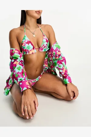 ONLY Ruffle detail triangle bikini top co-ord in pink floral