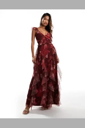 Lace & Beads Ruffle midaxi tulle dress in floral