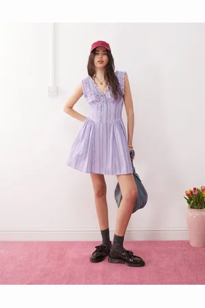 Reclaimed Sun dress with ruched detailing in purple candy stripe