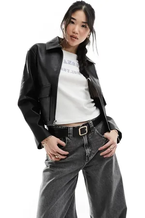 Abercrombie & Fitch Short faux leather trucker jacket in
