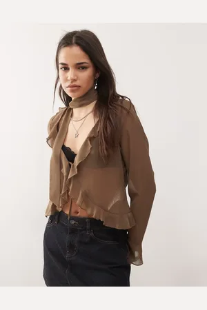 Motel Hirap ruffle front sheer blouse in mocha