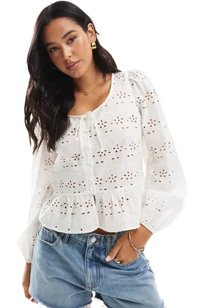Pieces® Tie front long sleeve blouse in