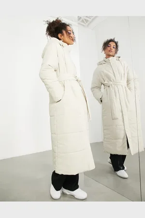 ASOS Longline belted puffer jacket in mushroom