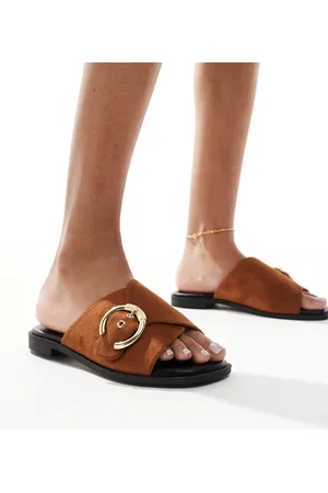 London Rebel Cross buckle flat sandal in brown micro