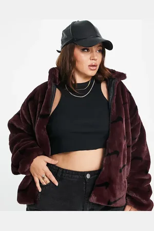 Nike Plus all over swoosh faux fur jacket in burgundy crush and