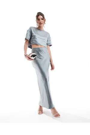 4th & Reckless Satin maxi skirt co-ord in steel grey