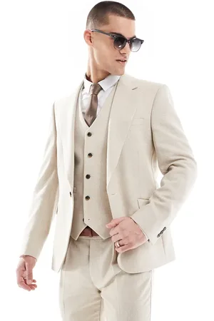 ASOS Skinny wool blend suit jacket in stone herringbone