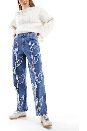 Object Cropped high waisted jeans with frayed flowers in medium denim