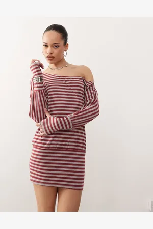 Motel Zylina slouchy stripe mini dress in burgundy grey