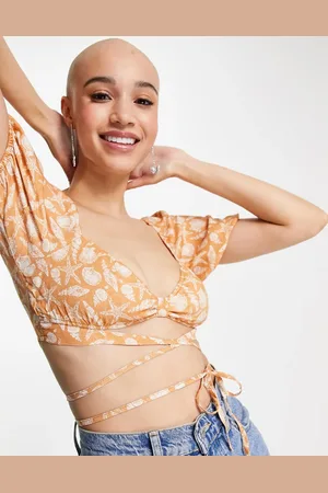 Pull&Bear Wrap around cropped blouse in orange with star print