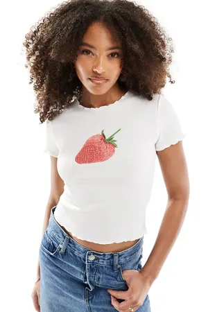 ASOS Shirred top with strawberry graphic in ivory