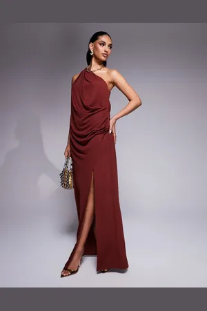 ASOS Slinky one shoulder drape maxi dress in rust