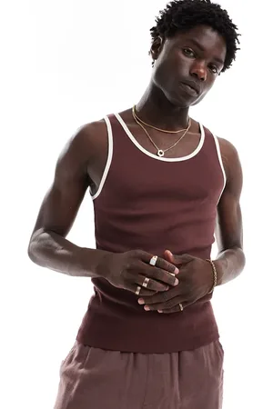 ASOS Muscle fit vest in brown with ecru contrast binding