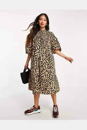 SELECTED Femme shirred midi dress with volume sleeve in leopard